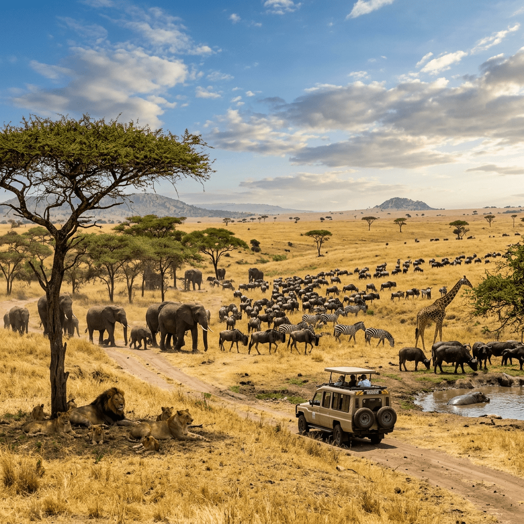 Safari jeep near lions, elephants, zebras, giraffes, and hippos in the African savanna