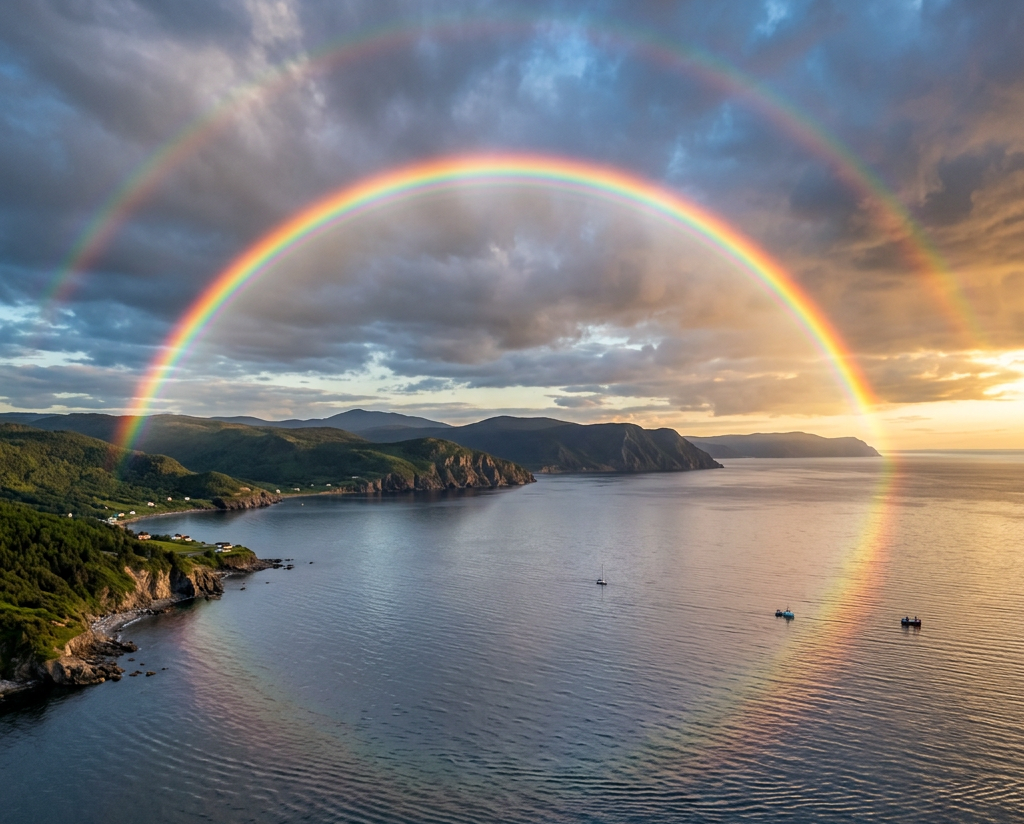 Double rainbow spanning across a calm sea with hills and boats in the distance